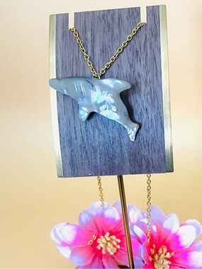 Mother of Pearl Dolphin Pendant Necklace in Iridescent Gray with Gold pl Chain